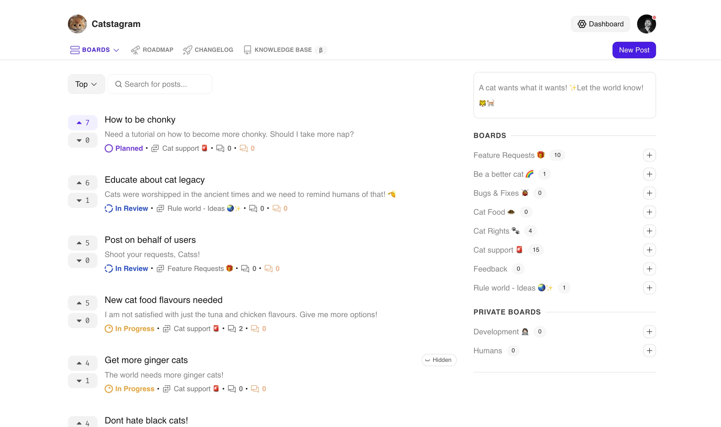 Screenshot of featureOS feedback boards where users can vote on product features